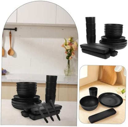Black Bowl Plate Dinnerware Set 4 Sets Xmas Portable Reusable PP Picnic