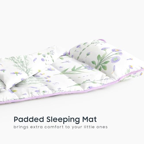 Wake In Cloud - Toddler Nap Mat with Pillow and Blanket, 100% Cotton Fabric, for Kids Girls Ages 3 Plus in Daycare Kindergarten Preschool, Sleeping Bag, Botanical Flowers