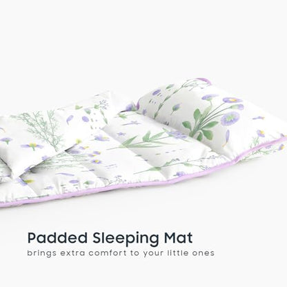 Wake In Cloud - Toddler Nap Mat with Pillow and Blanket, 100% Cotton Fabric, for Kids Girls Ages 3 Plus in Daycare Kindergarten Preschool, Sleeping Bag, Botanical Flowers
