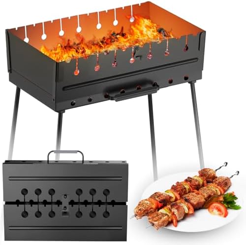 Charcoal Grill for 8 Skewers - Portable Barbecue 16.9""×11.8""×16.9"" Kabob Camp Grills - Foldable Metal Mangal - Kebab Shish - BBQ for EDC Picnic Outdoor Cooking (Skewers Not Included)