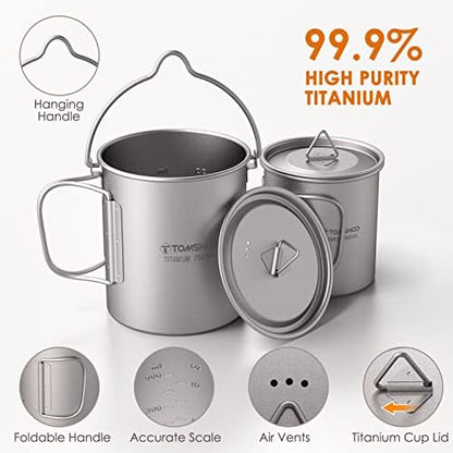 TOMSHOO 750ml Titanium Pot with Lid + 450ml Titanium Mug + Folding Spork