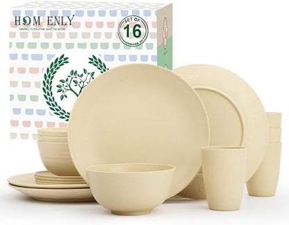Homienly Premium Wheat Straw Dinnerware Sets, Lightweight & Unbreakable Plates and Bowls Sets,Cups,Service for 4,Dishwasher and Microwave Safe 16 PCS Dish Sets for Home，Camping- Beige