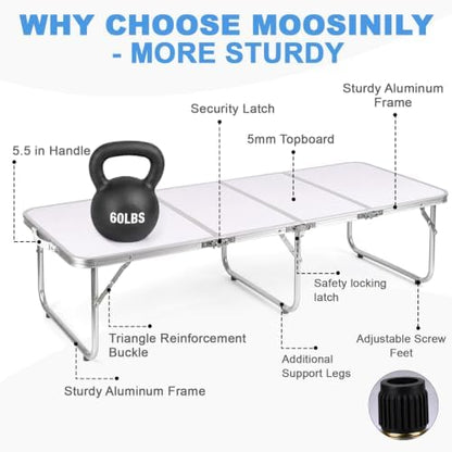 Moosinily Small Camping Table 4FT Folding Picnic Table Foldable Low Camp Table Portable Short Aluminum Outdoor Short Floor Beach BBQ Travel White 47.2×15.7 inch