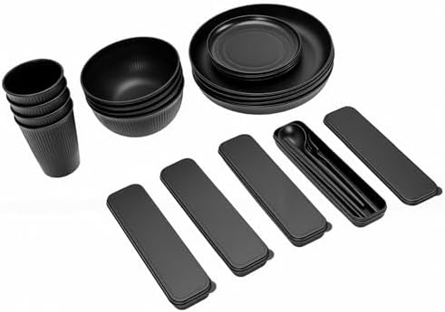 Zunate Reusable PP Dinnerware Set Service for 4, Dishwasher & Microwave Safe Plates Bowls with Cutlery Kit, Lightweight Portable Travel Camping Picnic Tableware, Food Grade Free
