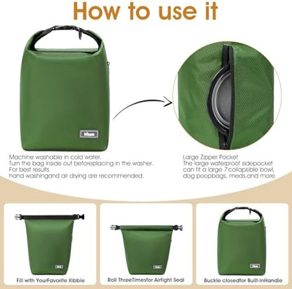 Dog Food Travel Bag Pet Food Container2PCS Collapsible Dog Travel Bowls and Zipper Side Pocket 20L (Green, Large)