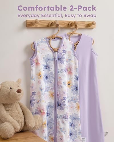 Baby Sleep Sack 18-24 Months 0.5 TOG, 100% Cotton Baby Wearable Blanket 2 Pack with 2-Way Zipper, Lightweight Sleep Bag for Boys ＆ Girls Toddler Breathable Sleeing Sack Purple Flower