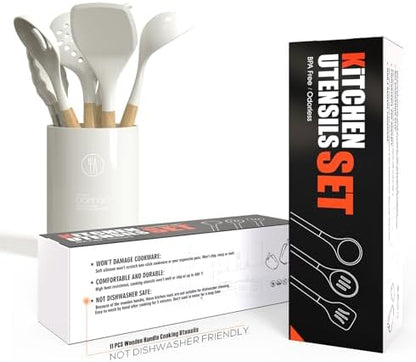 oannao Silicone Cooking Utensils Set - 446°F Heat Resistant Silicone Kitchen Utensils for Cooking,Kitchen Utensil Spatula Set w Wooden Handles for Non-Stick Cookware, BPA FREE (Cream White)