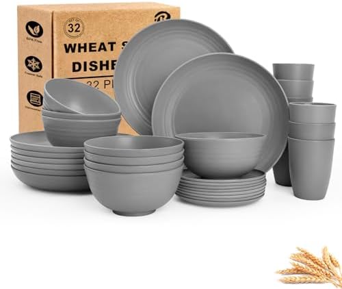 32-Piece Plastic Dinnerware Sets for 8, Dishware Sets for 8 - Grey