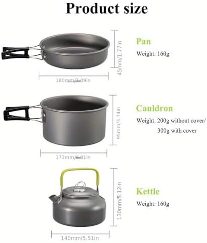Portable Camping Cookware Set- Lightweight Aluminum Pot, Pan & Kettle with Foldable Handles for Backpacking, Hiking & Outdoor Cooking - Non-Stick, Space-Saving for 2-3 People