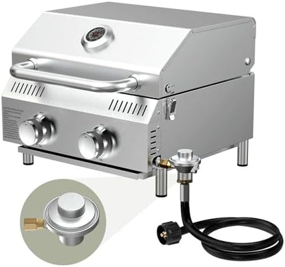 Bestfire Tabletop Propane Gas Grill 2 Burners- Dual Connections, 20,000 BTUs Stainless Steel Portable Grill Fits Large Gas Cylinders and Small Canisters for Outdoor Camping and RV Trips