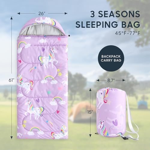 Wake In Cloud - Kids Sleeping Bag for Girls Toddlers, Camping in Warm Cold Weather, Backpacking Lightweight Compact Outdoor Liner for 3 Seasons, Unicorns Rainbow Clouds