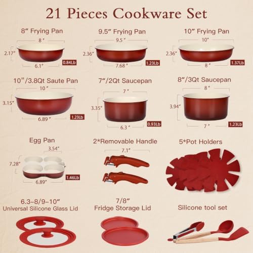 GIPP Pots and Pans Set Non Stick,Kitchen Cookware Set Detachable Handle, Non Toxic Cooking Pan Set with Frying Pans Set,RV Cookware Sets for All Stoves, Red Black Gradient, 21PCS