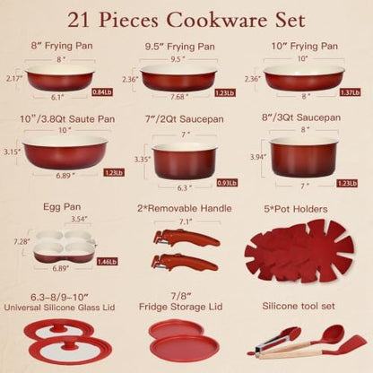GIPP Pots and Pans Set Non Stick,Kitchen Cookware Set Detachable Handle, Non Toxic Cooking Pan Set with Frying Pans Set,RV Cookware Sets for All Stoves, Red Black Gradient, 21PCS