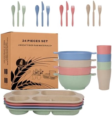 24 Pcs Wheat Straw Dinnerware Cutlery Sets,Unbreakable Divided Plates Bowls Cups Spoon Knife Fork for 4 People,Microwave Dishwasher Safe Tableware Cutlery for Party and Daily Use,Mix Color 3
