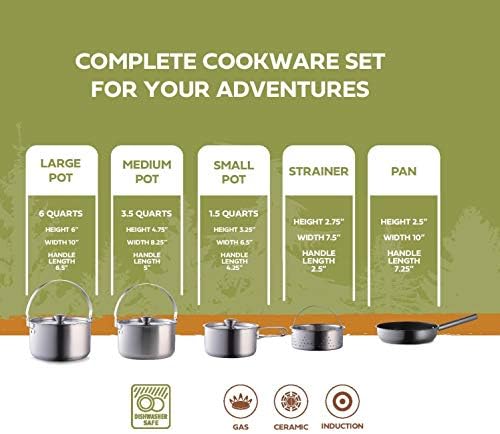 Camping Cookware Set 304 Stainless Steel 8-Piece Pots & Pans Open Fire Cooking Kit | Frying Pan Steamer with Travel Tote Bag | Compact For Outdoors & Indoors Kitchen Campfire Hiking RV