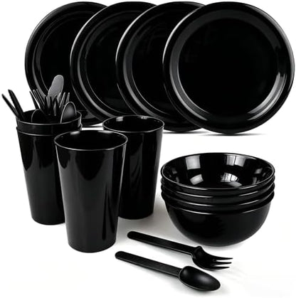 24Piece Plastic Plates and Bowls Sets Dinnerware Set Dishes Set for 4,College Dorm Room Essentials,Camping Plates and Bowls with Tumbler,Knives,Forks and Spoons,Mess Kit,Microwave Safe,BPA Free-Black