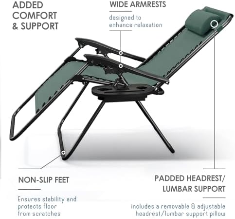 Nestl Zero Gravity Chairs Set of 6, Patio Lounge Chair Outdoor with Pillows & Cup Holder Trays, Adjustable Steel Mesh Reclining Camping Chair, Folding Patio Lawn Chair for Deck, Beach - Forest Green