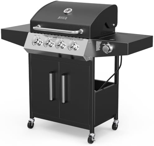 ROVSUN 4-Burner Propane Gas BBQ Grill with Side Burner & Enameled Cast Iron Grates, 58,000 BTU Barbecue Grill with Wheels for Outdoor Patio Backyard Cooking Grilling, Black