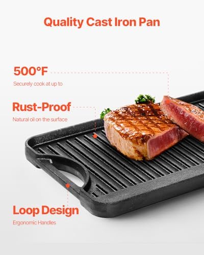 VEVOR Reversible Grill/Griddle, 20x10 inch Pre-Seasoned Cast Iron Griddle, Portable Rectangular Pan with Handle, Family Cookware for Indoor/Outdoor Stove Top Burner, Gas, Camping BBQ, Black