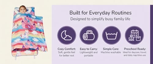EVERYDAY KIDS Nap Mat with Removable Pillow - Unicorn Dreams - Carry Handle with Straps Closure, Rollup Design, Soft Microfiber for Preschool, Daycare, Travel Sleeping Bag - Ages 3-6 Years