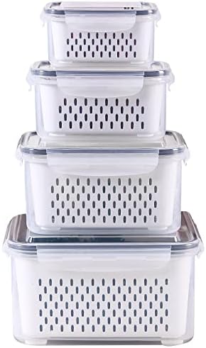 4 Pack Large Fridge Food Storage Container Set with Lids with Strainer, Fruit Vegetable Storage Containers Keep Fruits, Vegetables, Berry, Meat Fresh longer , BPA-Free Plastic Produce Keepers