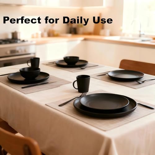 Wheat Straw Dinnerware Set for 4, 16PCS Unbreakable Plates Bowls Cups, Microwave & Dishwasher Safe Plastic Dishes, Lightweight Reusable Dinnerware for Kitchen, Camping, RV & Dorm (Black)
