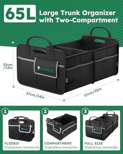 2-Compartment Trunk Organizer & Multi-Compartment Storage Box 600D Waterproof Oxford, with Reflective Strips and 8 Side Mesh Pockets for SUV, Sedan, Minivan- Heavy-Duty Car Organiser(65L)