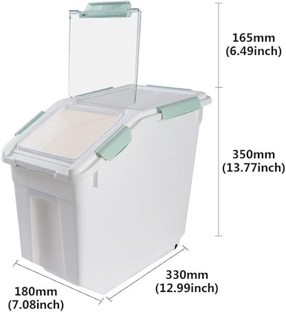 Airtight Flour Storage Container 25 lb Rice Storage Container with Wheels Seal Locking Lid, Food Containers with Measuring Cup& Scoop for Flour, Rice, Grain(Cyan)