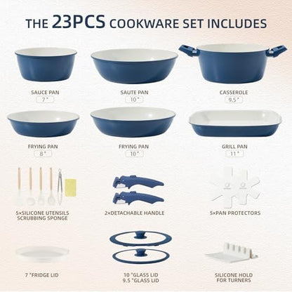 BECIGAR 23pcs Ceramic Pots and Pans Set, Nonstick Detachable Handle Cookware, Induction Kitchen Cooking Set with Removable Handle,include Frying Pans & Saucepans Oven Safe(Blue)