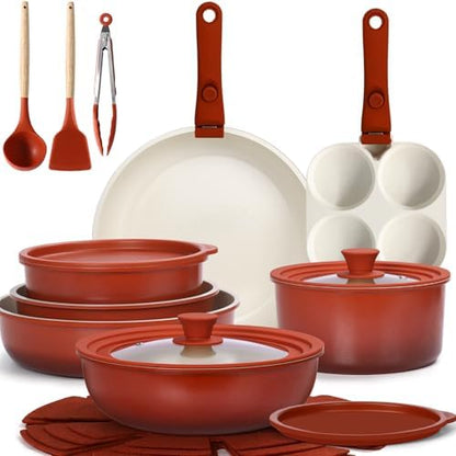GIPP Pots and Pans Set Non Stick,Kitchen Cookware Set Detachable Handle, Non Toxic Cooking Pan Set with Frying Pans Set,RV Cookware Sets for All Stoves, Red Black Gradient, 21PCS