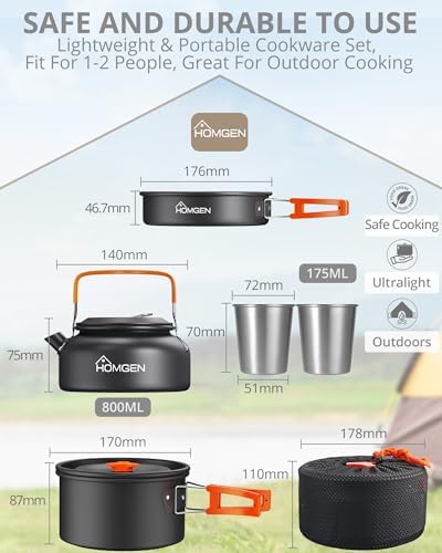 HOMGEN Portable Ultralight Anodized Aluminum Camping Cookware Set - Nesting Camping Pot and Pan-800ml Insulated Teapot-Carrying Bag-for Camping Hiking Picnic RV Trip
