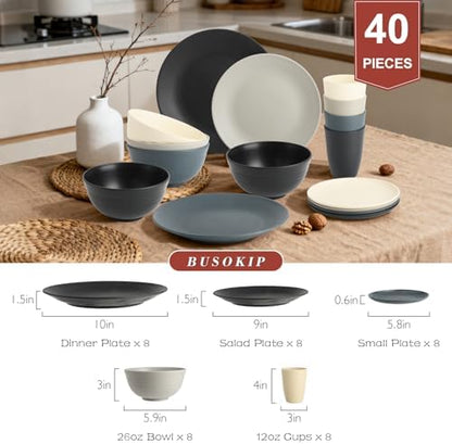 40 PCS Wheat Straw Dinnerware Set | Dish Sets for 8 - BlackBeige