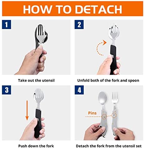 HIKENTURE Camping Utensils 2 Pack,4-In-1 Spoon Fork Knife Set(Black 2 Pack)