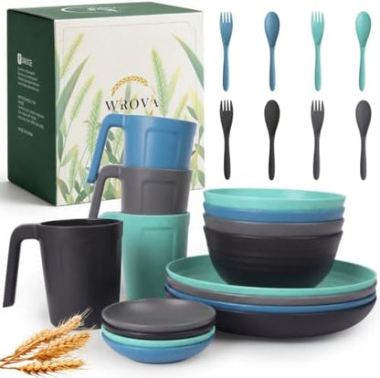 Wrova Plates and Bowls Sets for 4, 24-Piece Wheat Straw Dinnerware Sets