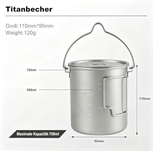 THTYBROS Titanium Cup Ultralight Camping Mug with Foldable Handle & Lid, Pure Titanium Cookware for Outdoor Hiking, Backpacking, Picnic, and Campfire
