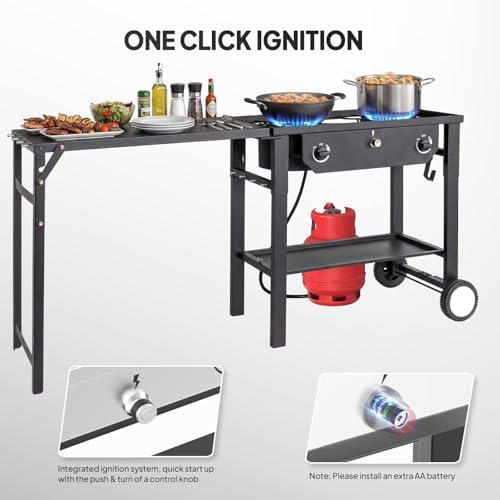 Bonnlo 2 Burner Propane Gas Stove with Work Station & Auto Ignition, 150,000 BTU Portable Camping Stove with Wheels & Regulator, Outdoor Propane Stove for Backyard Patio Cooking BBQ