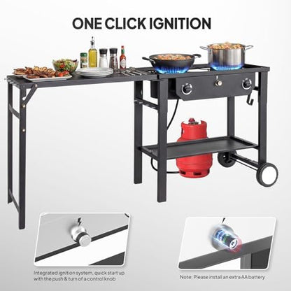 Bonnlo 2 Burner Propane Gas Stove with Work Station & Auto Ignition, 150,000 BTU Portable Camping Stove with Wheels & Regulator, Outdoor Propane Stove for Backyard Patio Cooking BBQ