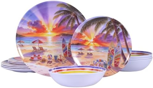12-Piece Melamine Plates and Bowls Set, Beach Sunset Dinnerware Set