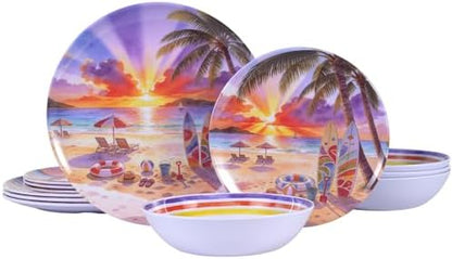 12-Piece Melamine Plates and Bowls Set, Beach Sunset Dinnerware Set