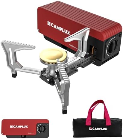 CAMPLUX FoldGo Camping Stove, 7500 BTU Portable Butane Gas Stove, Foldable Cassette Stove with Carry Bag & Adjustable Burner, CSA Certified Collapsible Butane Stove for Outdoor Cooking, Red