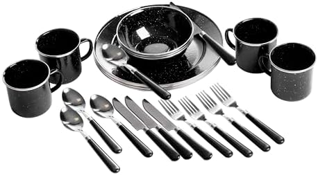 Stansport Deluxe 24-Piece Enamel Tableware Set - Enamel Plates and Bowls Lightweight and Durable Camp Dish Set for Camping and Backpacking Plates and Bowls for 4 People