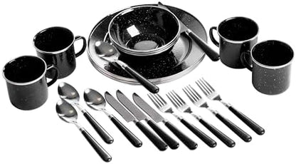 Stansport Deluxe 24-Piece Enamel Tableware Set - Enamel Plates and Bowls Lightweight and Durable Camp Dish Set for Camping and Backpacking Plates and Bowls for 4 People