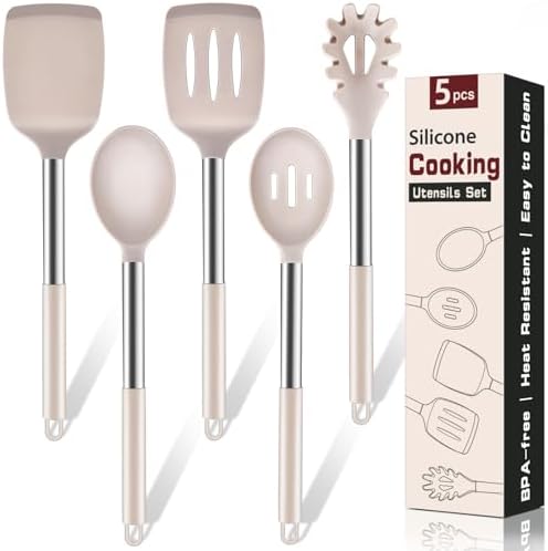 5Pcs Silicone Cooking Utensils Set, Heat Resistant Kitchen Tools Include Solid&Slotted Spatula, Cooking Spoon and Pasta Server, Silicone Kitchen Utensils set for Nonstick Cookware Flipping, Khaki