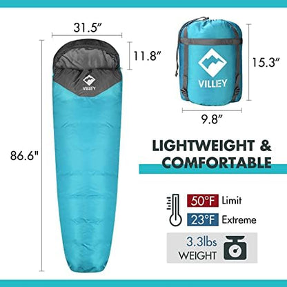 VILLEY Mummy Sleeping Bag, Lightweight Backpacking Sleeping Bag for Adults & Kids, Camping Hiking Equipment for 3-4 Seasons
