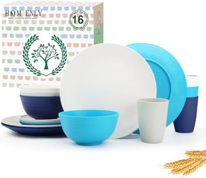 Homienly Premium Wheat Straw Dinnerware Sets, Plates and Bowls Sets,Cups,Alternative to Plastic Plates Service for 4, Dishwasher and Microwave Safe 16 PCS Dish Sets for Home,Camping - Island