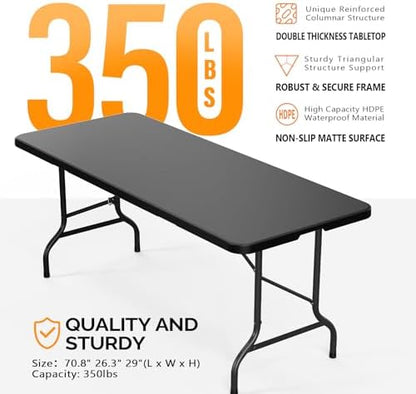 Bonnlo Folding Table 6ft, Portable Collapsible Plastic Black Long Tables for Party, Camping, Banquet, Craft, Dining, Wedding, Outdoor and Indoor Use