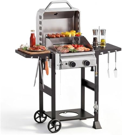 Electactic 16,000 BTU 2-Burner Propane Gas Grill, Stainless Steel BBQ Grill with Enameled Cast Iron Grates, Foldable Side Tables, Convertible to Tabletop Design, Barbecue Grill for Patio, Tailgates