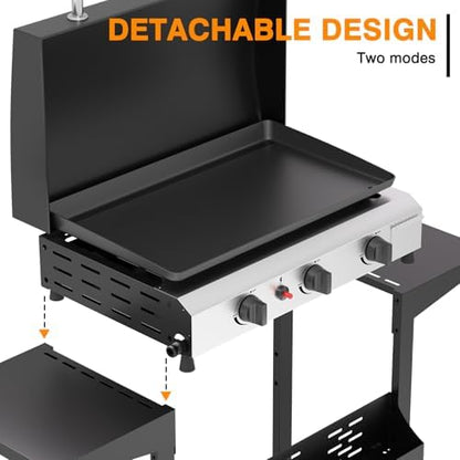 3 Burner BBQ Gas Griddle with Hood, 25.6 Inch Stainless Steel Portable Detachable Propane Griddle, 45,000 BTU Flat Top Grill with Side Shelves for Camping, Silver