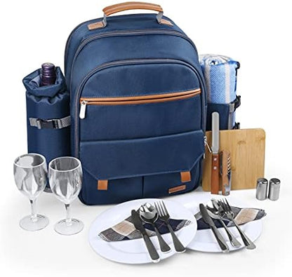 Sunflora Picnic Backpack for 2 Person Set Pack with Insulated Waterproof Pouch for Couple Outdoor Camping (Navy)