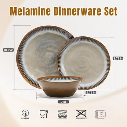 12 Piece Melamine Dinnerware Set, Unbreakable Plate and Bowls Set for 4